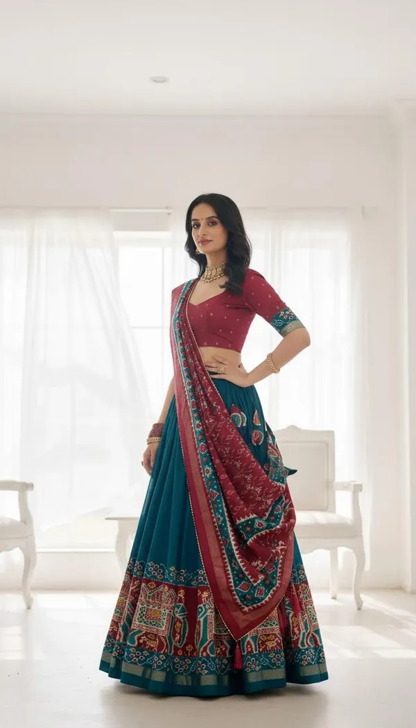 Firoji_Dola_Silk_Patola_Foil_Print_Flared_Lehenga_Choli_For_Women