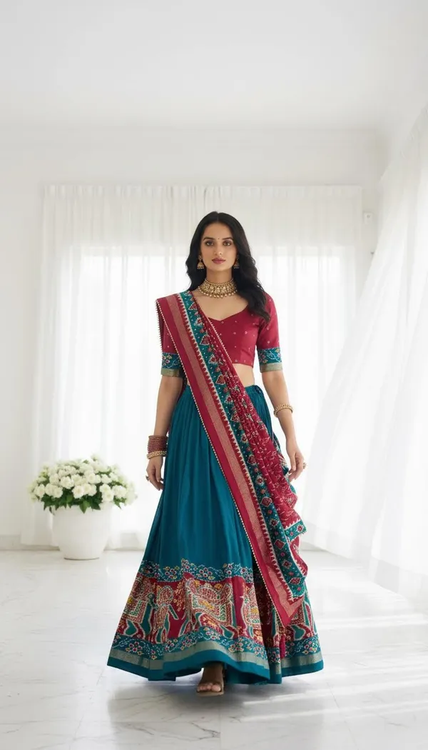 Firoji_Dola_Silk_Patola_Foil_Print_Flared_Lehenga_Choli_For_Women