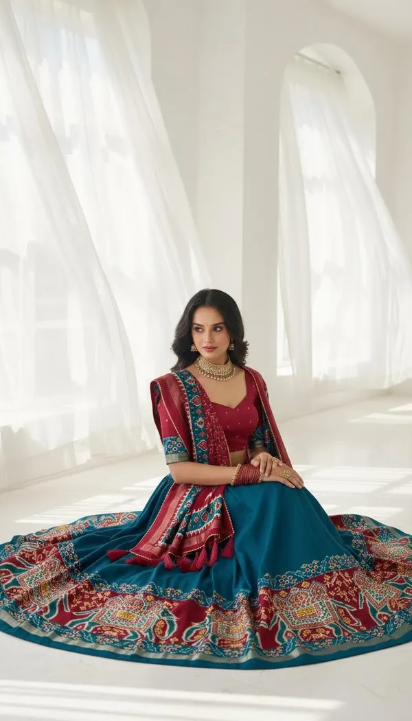 Firoji_Dola_Silk_Patola_Foil_Print_Flared_Lehenga_Choli_For_Women