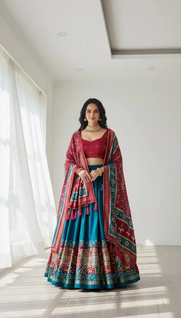 Firoji_Dola_Silk_Patola_Foil_Print_Flared_Lehenga_Choli_For_Women