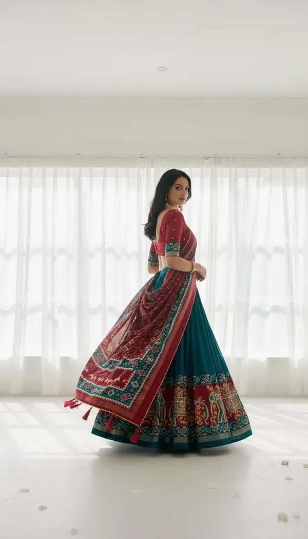 Firoji_Dola_Silk_Patola_Foil_Print_Flared_Lehenga_Choli_For_Women