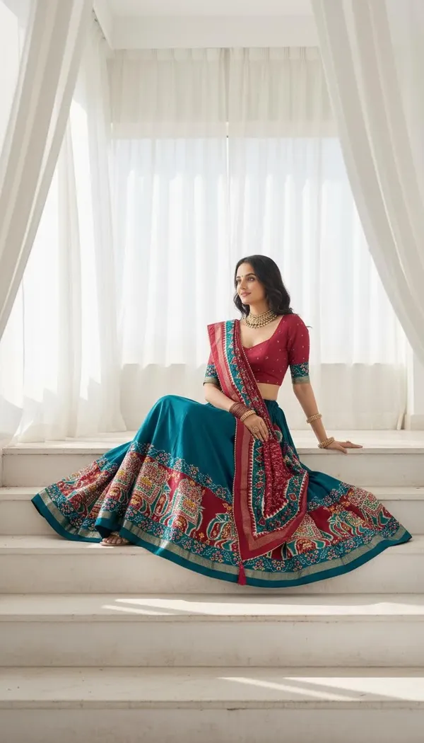 Firoji_Dola_Silk_Patola_Foil_Print_Flared_Lehenga_Choli_For_Women