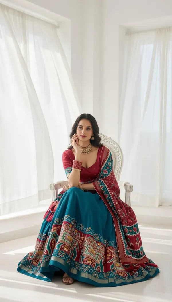 Firoji_Dola_Silk_Patola_Foil_Print_Flared_Lehenga_Choli_For_Women