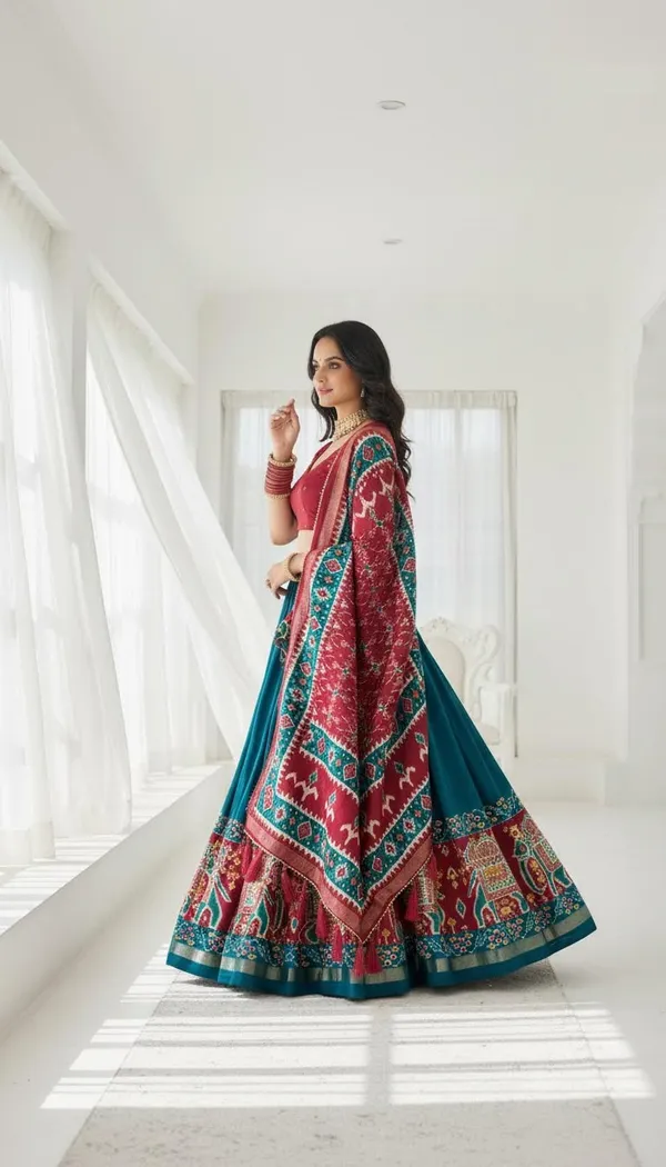 Firoji_Dola_Silk_Patola_Foil_Print_Flared_Lehenga_Choli_For_Women