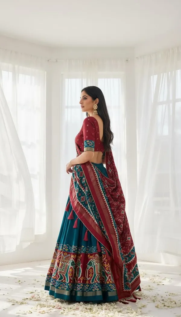 Firoji_Dola_Silk_Patola_Foil_Print_Flared_Lehenga_Choli_For_Women