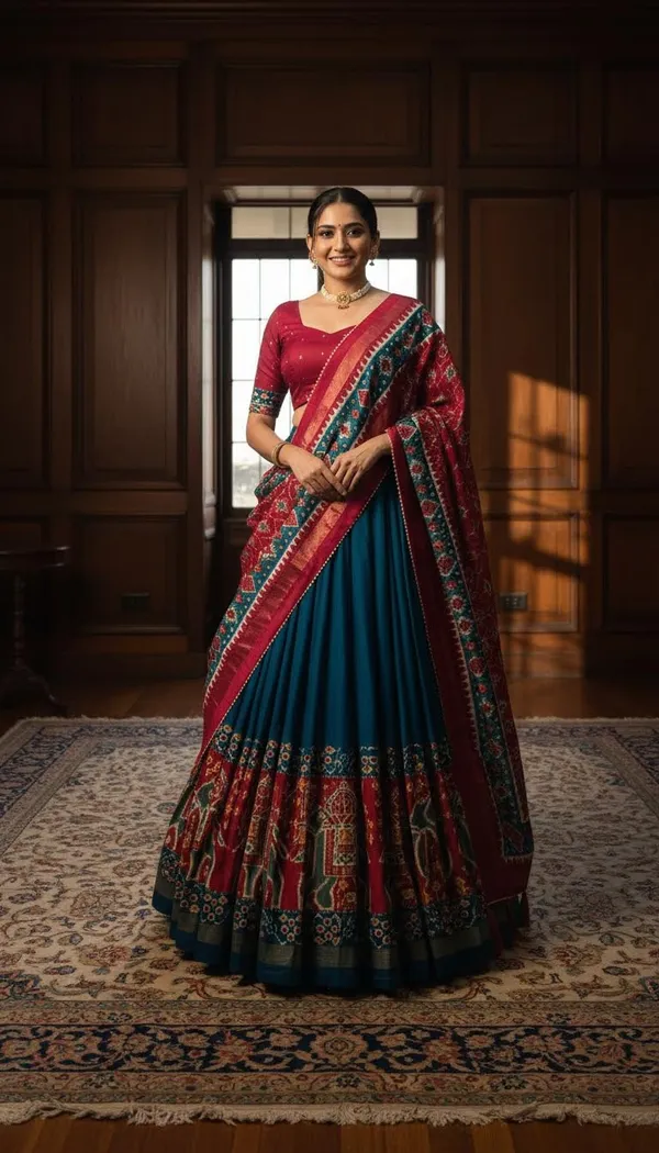 Firoji_Dola_Silk_Patola_Foil_Print_Flared_Lehenga_Choli_For_Women