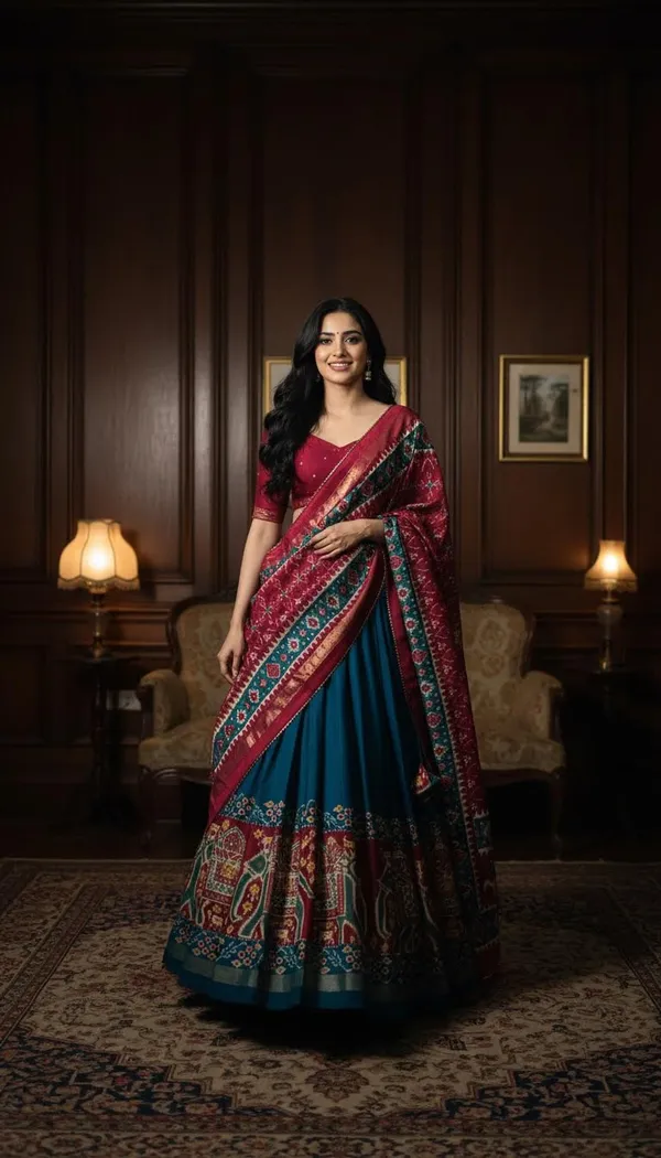 Firoji_Dola_Silk_Patola_Foil_Print_Flared_Lehenga_Choli_For_Women