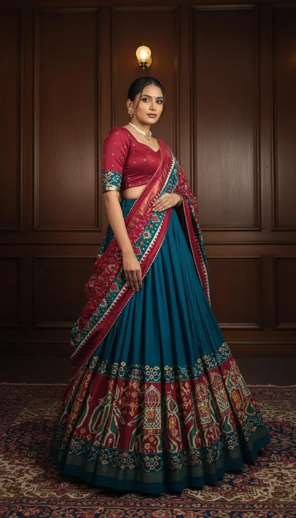 Firoji_Dola_Silk_Patola_Foil_Print_Flared_Lehenga_Choli_For_Women