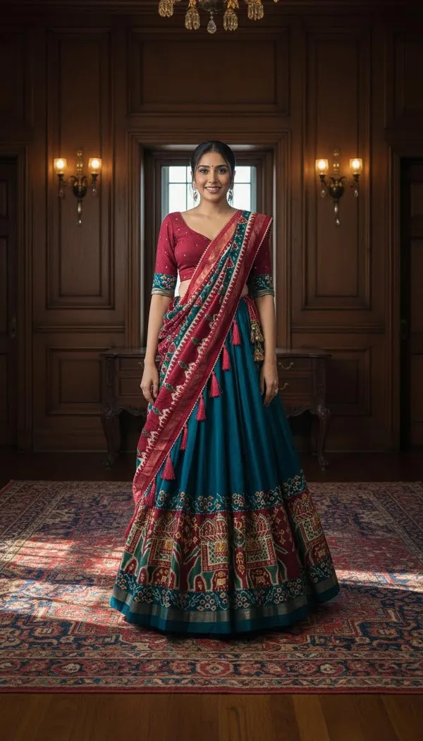 Firoji_Dola_Silk_Patola_Foil_Print_Flared_Lehenga_Choli_For_Women