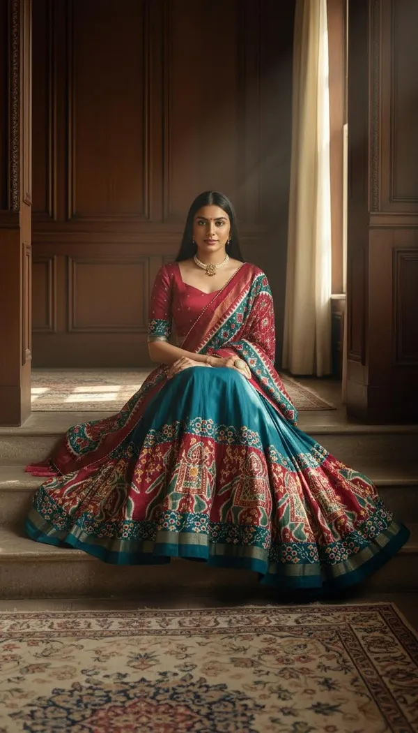 Firoji_Dola_Silk_Patola_Foil_Print_Flared_Lehenga_Choli_For_Women