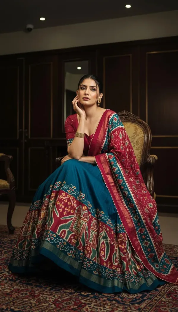 Firoji_Dola_Silk_Patola_Foil_Print_Flared_Lehenga_Choli_For_Women