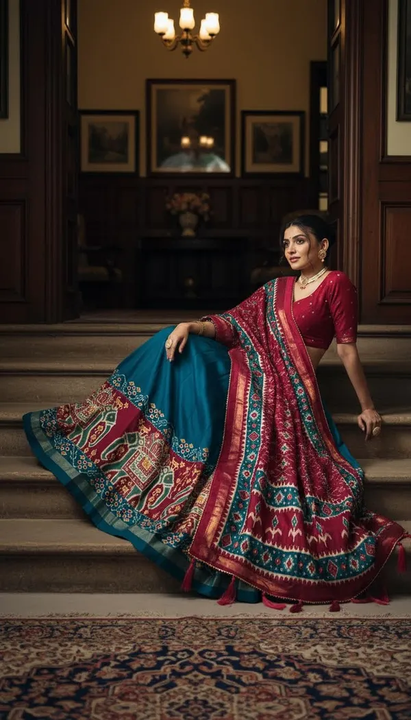 Firoji_Dola_Silk_Patola_Foil_Print_Flared_Lehenga_Choli_For_Women