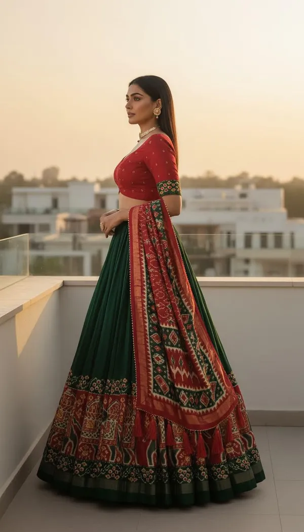 Green_Dola_Silk_Patola_Foil_Print_Flared_Lehenga_Choli_For_Women