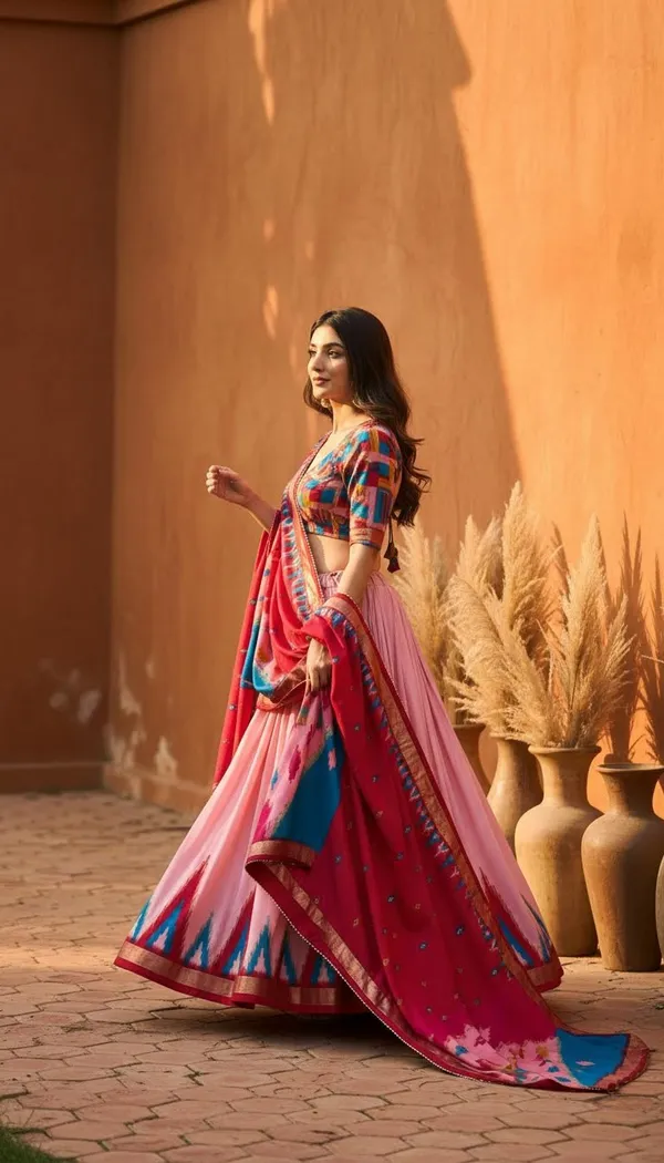 Peach_Dola_Silk_Patola_Foil_Print_Flared_Lehenga_Choli_For_Women