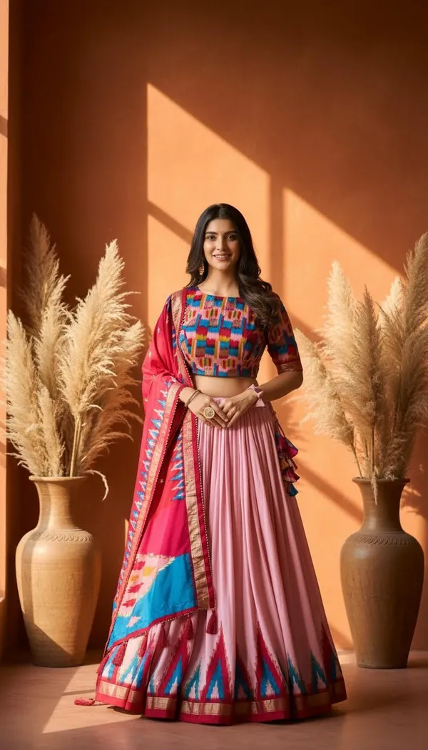 Peach_Dola_Silk_Patola_Foil_Print_Flared_Lehenga_Choli_For_Women