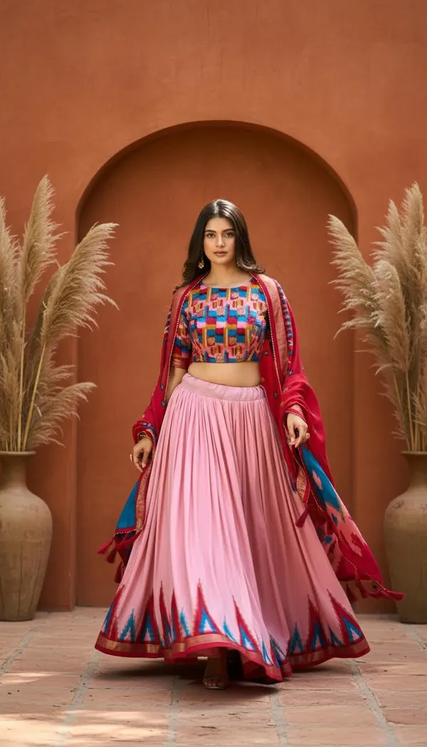 Peach_Dola_Silk_Patola_Foil_Print_Flared_Lehenga_Choli_For_Women