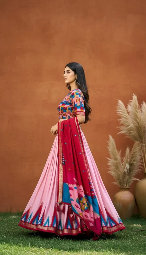 Peach_Dola_Silk_Patola_Foil_Print_Flared_Lehenga_Choli_For_Women