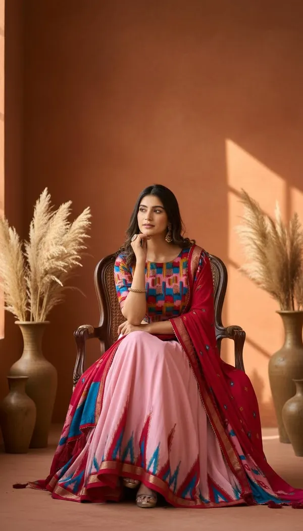 Peach_Dola_Silk_Patola_Foil_Print_Flared_Lehenga_Choli_For_Women