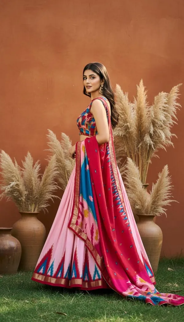 Peach_Dola_Silk_Patola_Foil_Print_Flared_Lehenga_Choli_For_Women