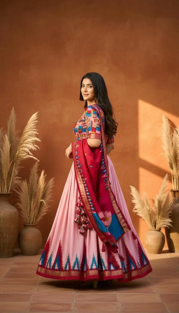 Peach_Dola_Silk_Patola_Foil_Print_Flared_Lehenga_Choli_For_Women