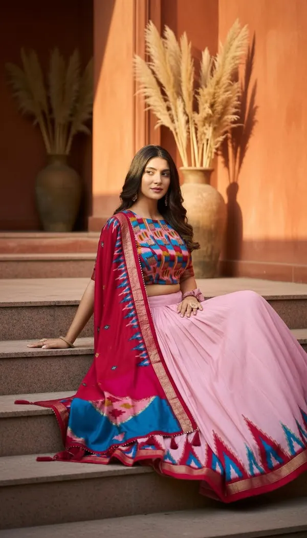 Peach_Dola_Silk_Patola_Foil_Print_Flared_Lehenga_Choli_For_Women