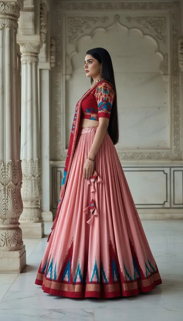 Peach_Dola_Silk_Patola_Foil_Print_Flared_Lehenga_Choli_For_Women
