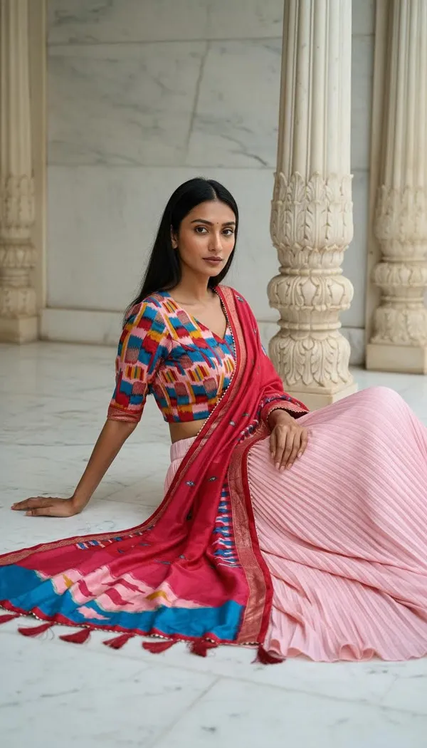 Peach_Dola_Silk_Patola_Foil_Print_Flared_Lehenga_Choli_For_Women