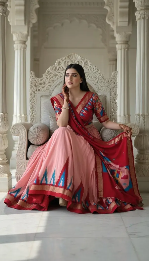 Peach_Dola_Silk_Patola_Foil_Print_Flared_Lehenga_Choli_For_Women