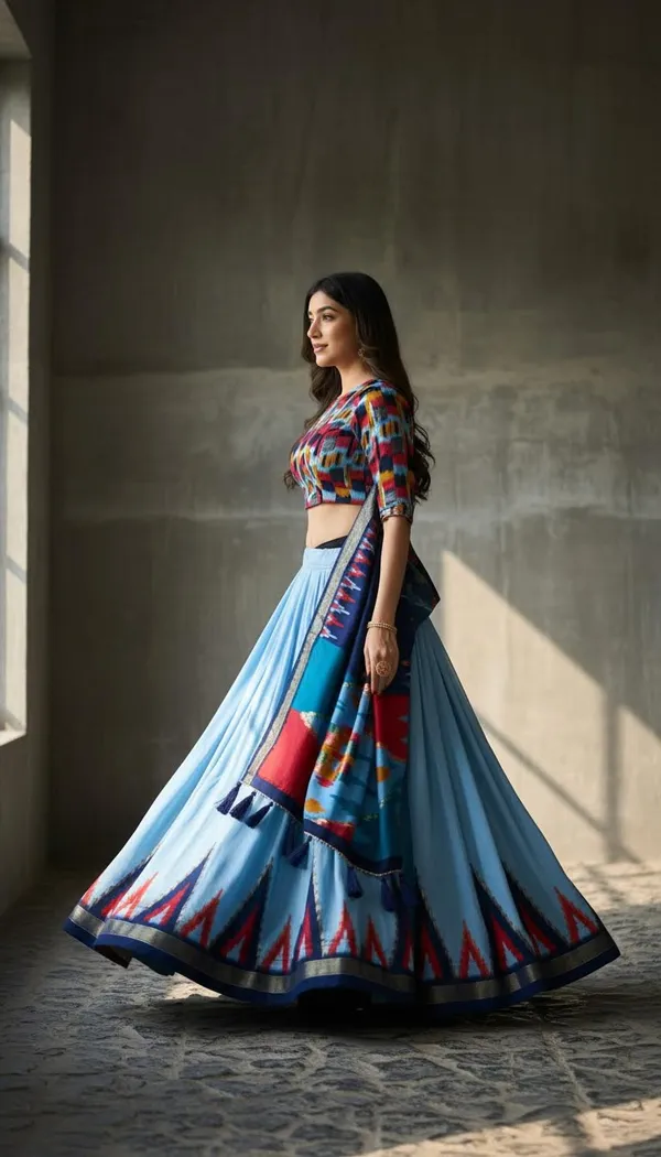 Sky_Blue_Dola_Silk_Patola_Foil_Print_Flared_Lehenga_Choli_For_Women