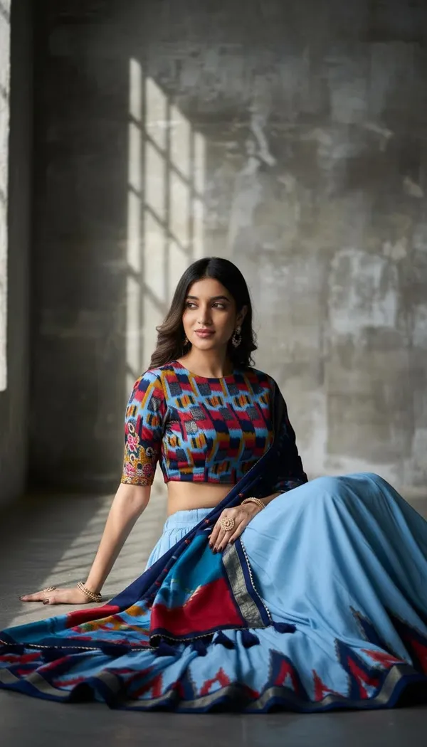Sky_Blue_Dola_Silk_Patola_Foil_Print_Flared_Lehenga_Choli_For_Women