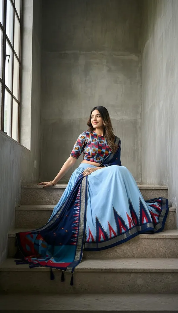 Sky_Blue_Dola_Silk_Patola_Foil_Print_Flared_Lehenga_Choli_For_Women