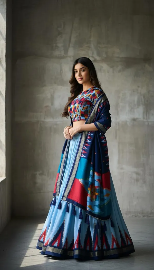 Sky_Blue_Dola_Silk_Patola_Foil_Print_Flared_Lehenga_Choli_For_Women