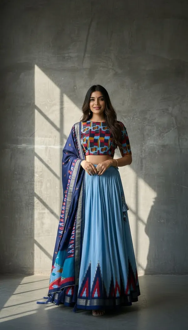 Sky_Blue_Dola_Silk_Patola_Foil_Print_Flared_Lehenga_Choli_For_Women