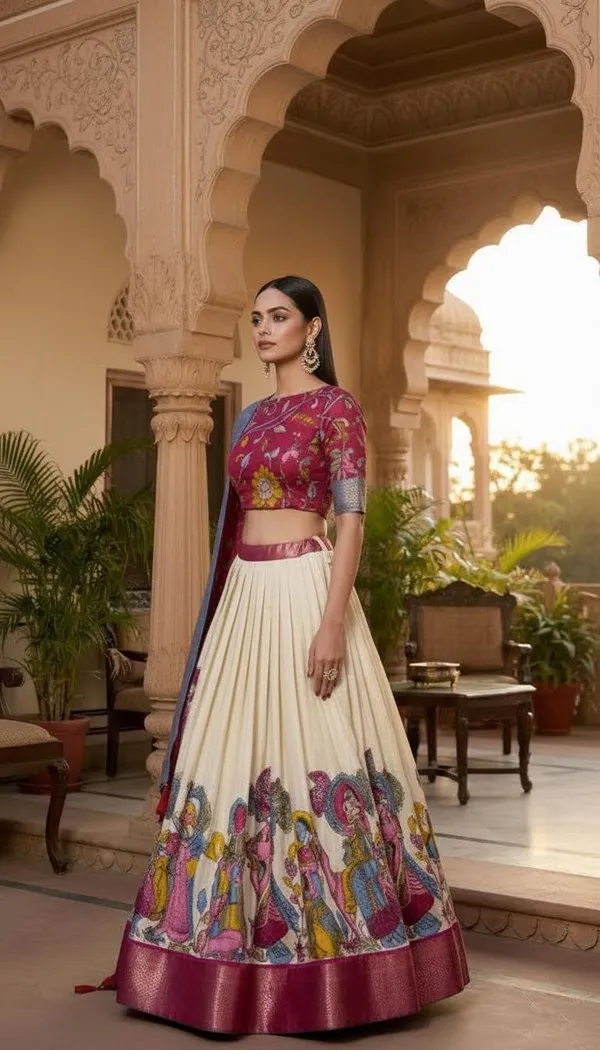White_Dola_Silk_Kalamkari_Print_Flared_Lehenga_Choli_For_Women