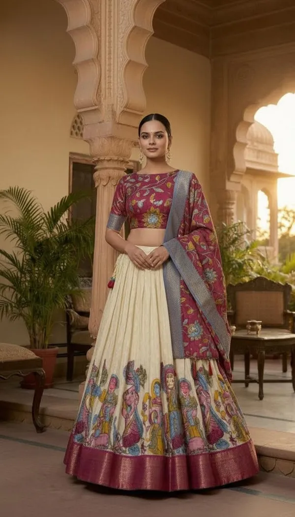 White_Dola_Silk_Kalamkari_Print_Flared_Lehenga_Choli_For_Women
