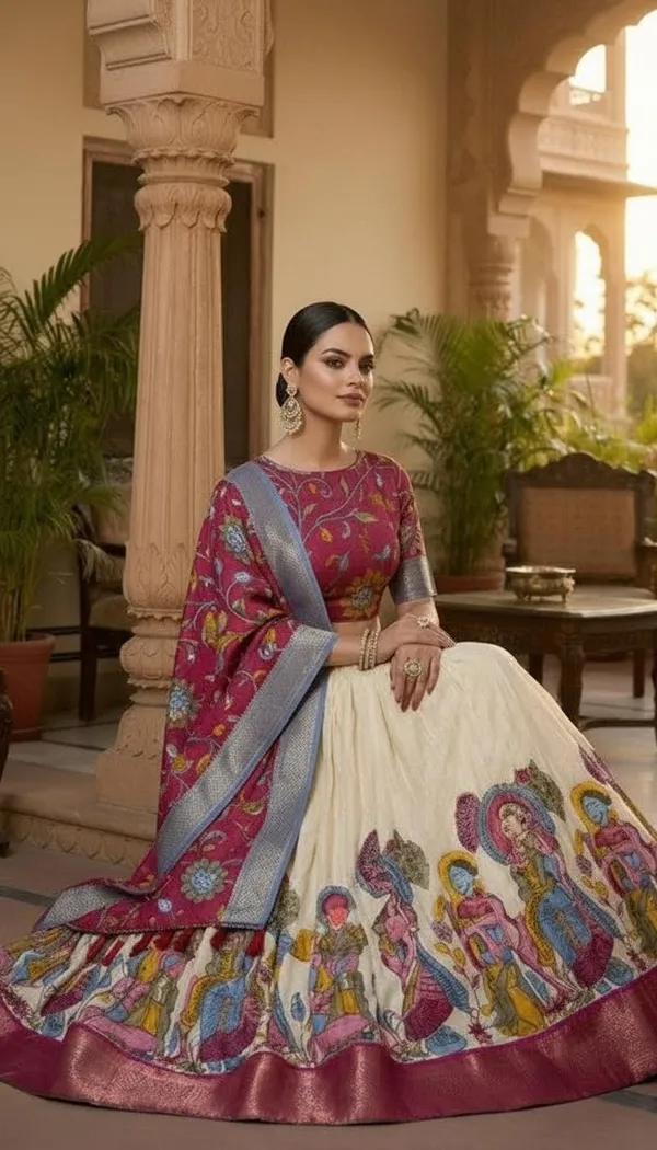 White_Dola_Silk_Kalamkari_Print_Flared_Lehenga_Choli_For_Women