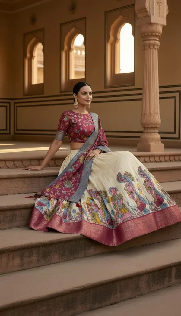 White_Dola_Silk_Kalamkari_Print_Flared_Lehenga_Choli_For_Women