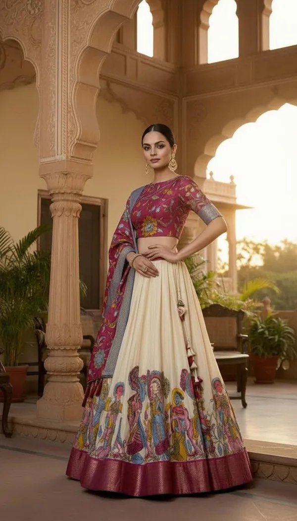 White_Dola_Silk_Kalamkari_Print_Flared_Lehenga_Choli_For_Women