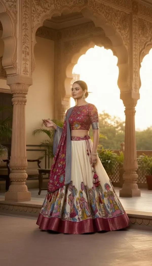 White_Dola_Silk_Kalamkari_Print_Flared_Lehenga_Choli_For_Women