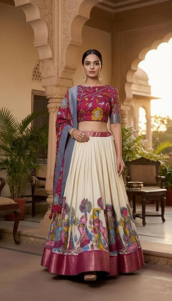 White_Dola_Silk_Kalamkari_Print_Flared_Lehenga_Choli_For_Women