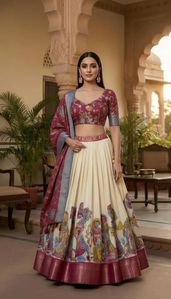 White_Dola_Silk_Kalamkari_Print_Flared_Lehenga_Choli_For_Women