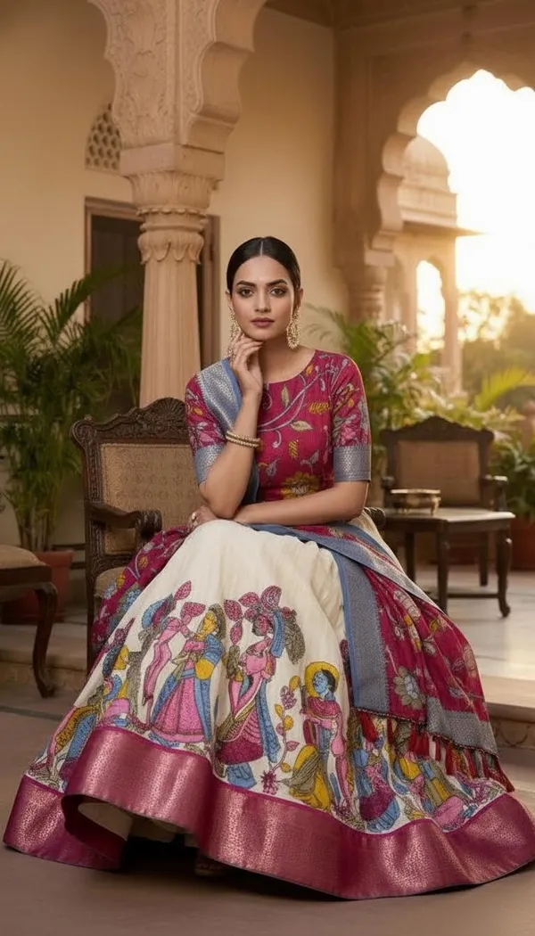 White_Dola_Silk_Kalamkari_Print_Flared_Lehenga_Choli_For_Women