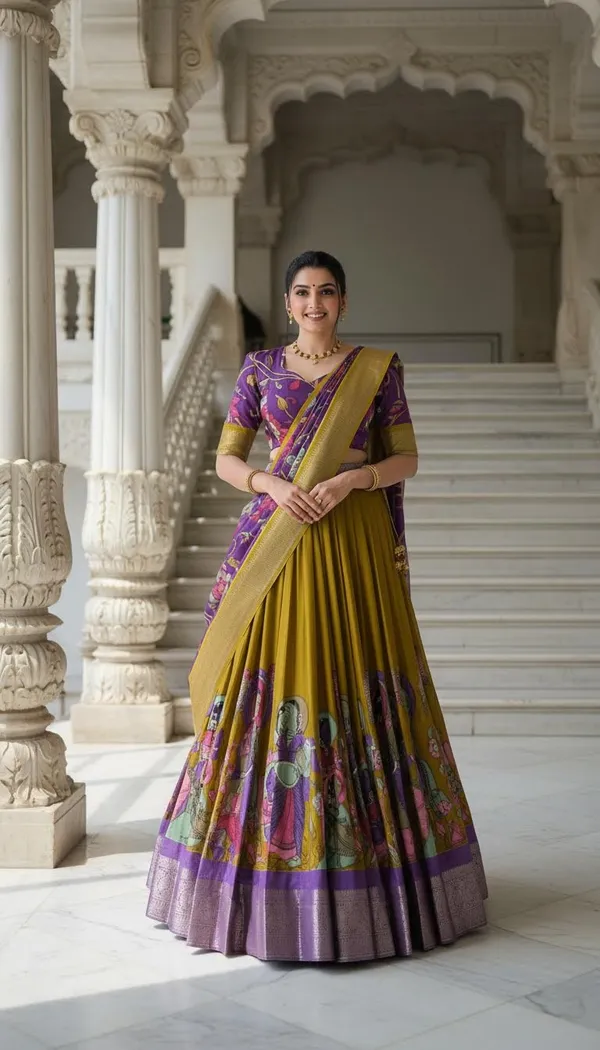 Yellow_Dola_Silk_Kalamkari_Print_Flared_Lehenga_Choli_For_Women