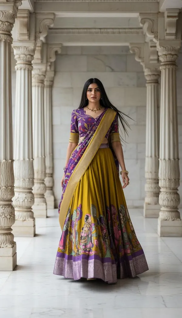 Yellow_Dola_Silk_Kalamkari_Print_Flared_Lehenga_Choli_For_Women