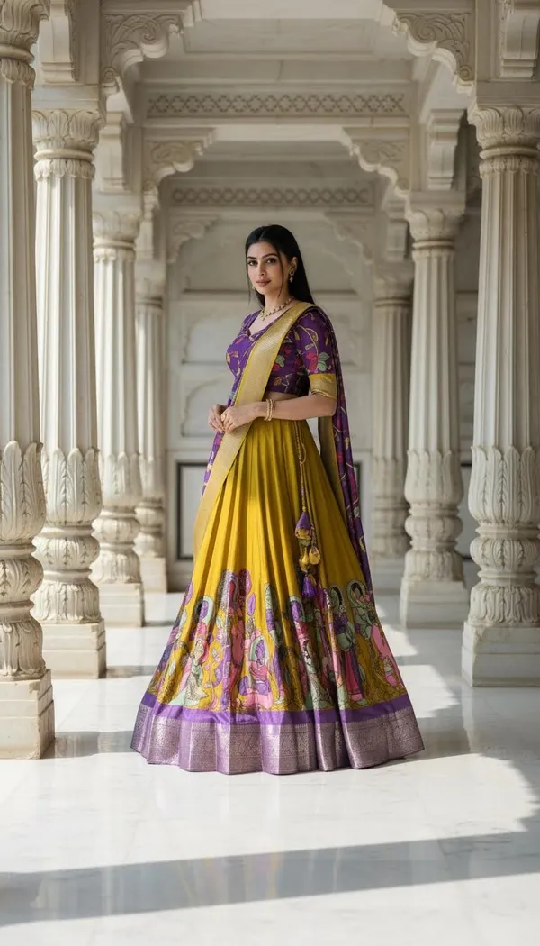 Yellow_Dola_Silk_Kalamkari_Print_Flared_Lehenga_Choli_For_Women