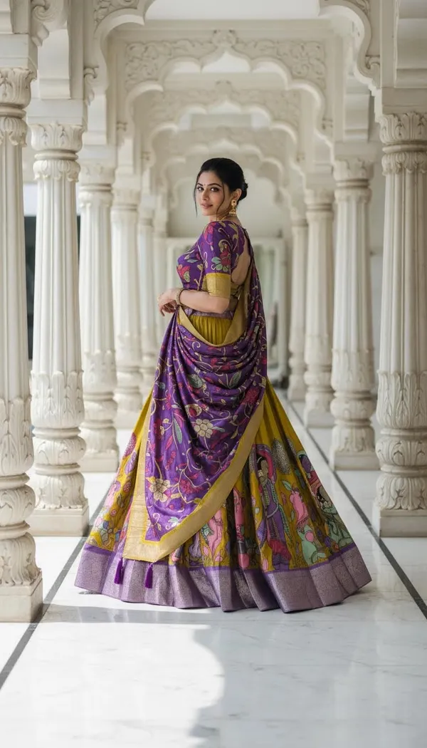 Yellow_Dola_Silk_Kalamkari_Print_Flared_Lehenga_Choli_For_Women