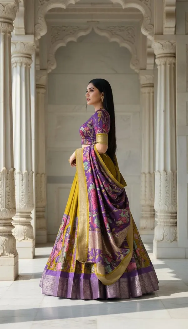 Yellow_Dola_Silk_Kalamkari_Print_Flared_Lehenga_Choli_For_Women