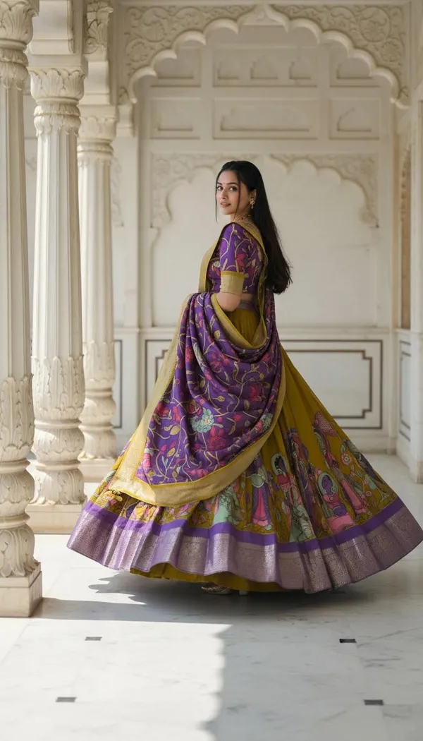 Yellow_Dola_Silk_Kalamkari_Print_Flared_Lehenga_Choli_For_Women