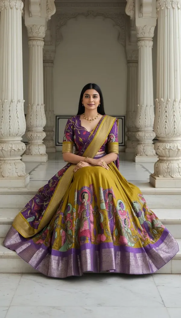 Yellow_Dola_Silk_Kalamkari_Print_Flared_Lehenga_Choli_For_Women