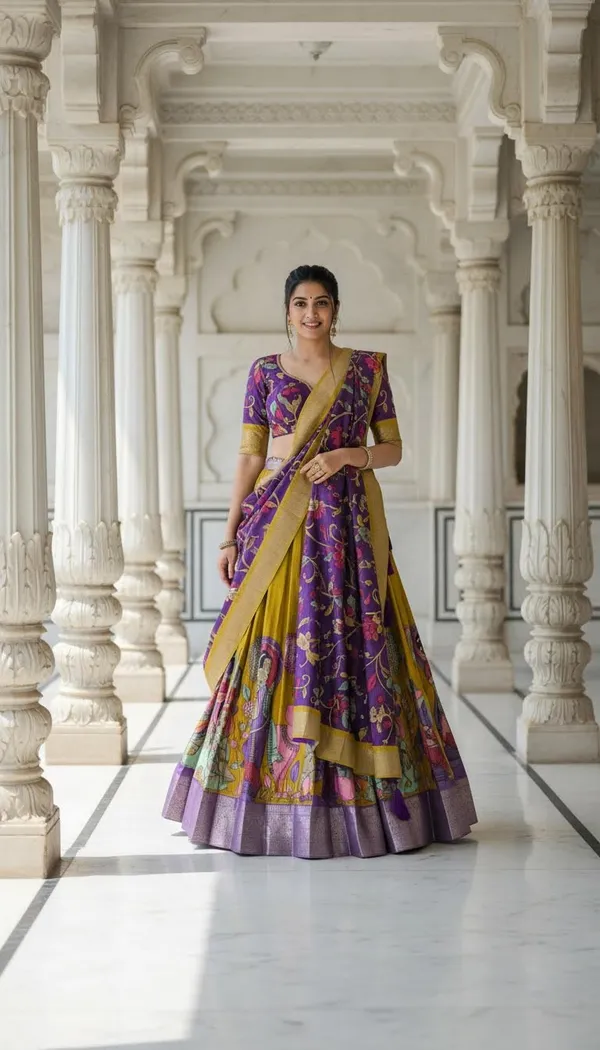 Yellow_Dola_Silk_Kalamkari_Print_Flared_Lehenga_Choli_For_Women